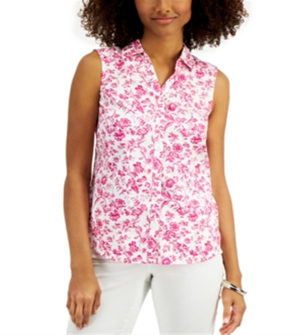 Charter Club Women's Toile Print Sleeveless Shirt Pink Size 18