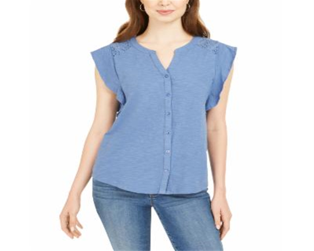 Style & Co Women's Eyelet Sleeveless Shirt Blue Size Medium