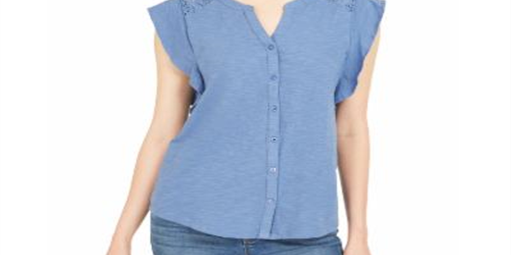 Style & Co Women's Eyelet Sleeveless Shirt Blue Size Medium