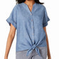 Charter Club Women's Button Front Tie Hem Top Blue Size Medium