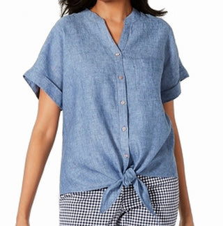 Charter Club Women's Button Front Tie Hem Top Blue Size Medium
