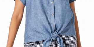 Charter Club Women's Button Front Tie Hem Top Blue Size Medium
