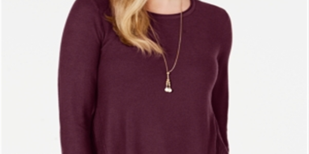 Style & Co Women's Pleated High Low Sweater Winestone Size Petite Large