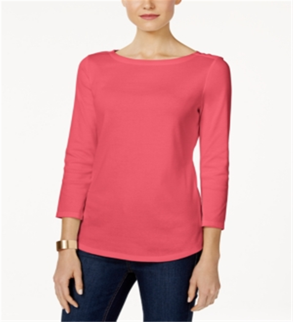 Charter Club Women's Pima Cotton Boat Neck Button Shoulder Top Coral Size Small