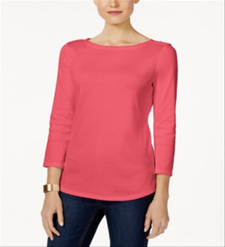 Charter Club Women's Pima Cotton Boat Neck Button Shoulder Top Coral Size Small