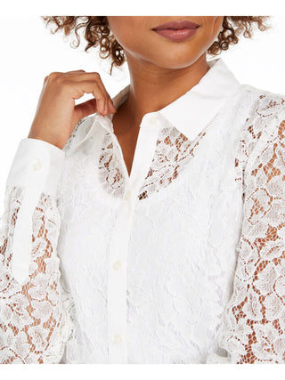 Charter Club Women's Lace Long Sleeve Collared Button up Top White Size Small