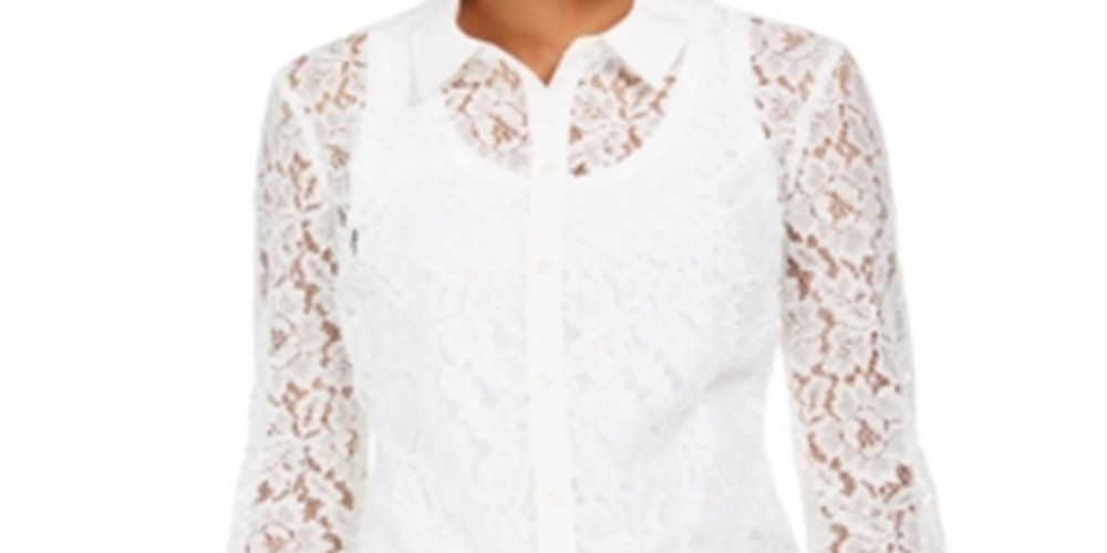 Charter Club Women's Lace Long Sleeve Collared Button up Top White Size Small