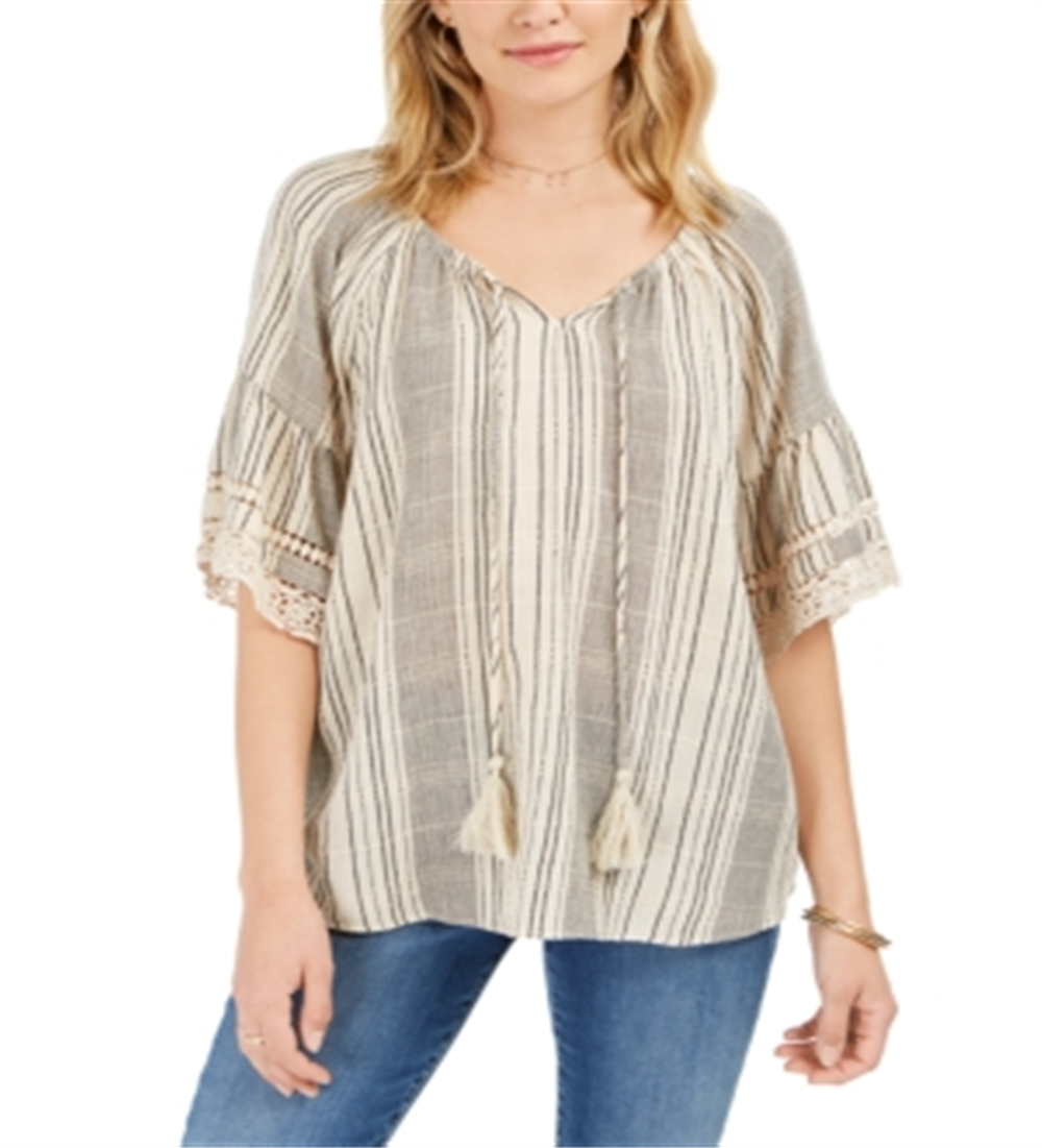 Style & Co Women's Cotton Striped Tassel Peasant Top White Size Small