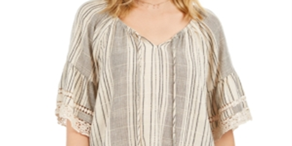 Style & Co Women's Cotton Striped Tassel Peasant Top White Size Small