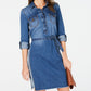 Jones Apparel Women's Tie Pocketed Cuffed Collared Above the Knee Shirt Dress Blue Size 0