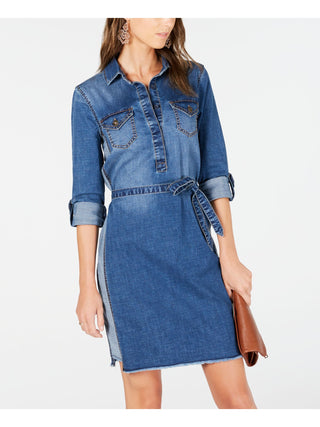 Jones Apparel Women's Tie Pocketed Cuffed Collared Above the Knee Shirt Dress Blue Size 0
