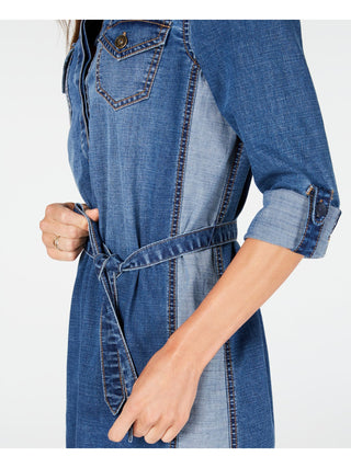 Jones Apparel Women's Tie Pocketed Cuffed Collared Above the Knee Shirt Dress Blue Size 0