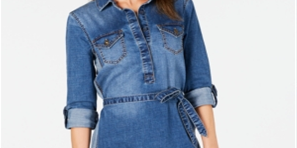 Jones Apparel Women's Tie Pocketed Cuffed Collared Above the Knee Shirt Dress Blue Size 0