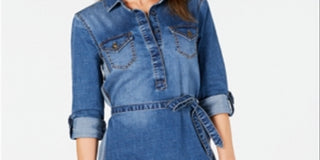 Jones Apparel Women's Tie Pocketed Cuffed Collared Above the Knee Shirt Dress Blue Size 0