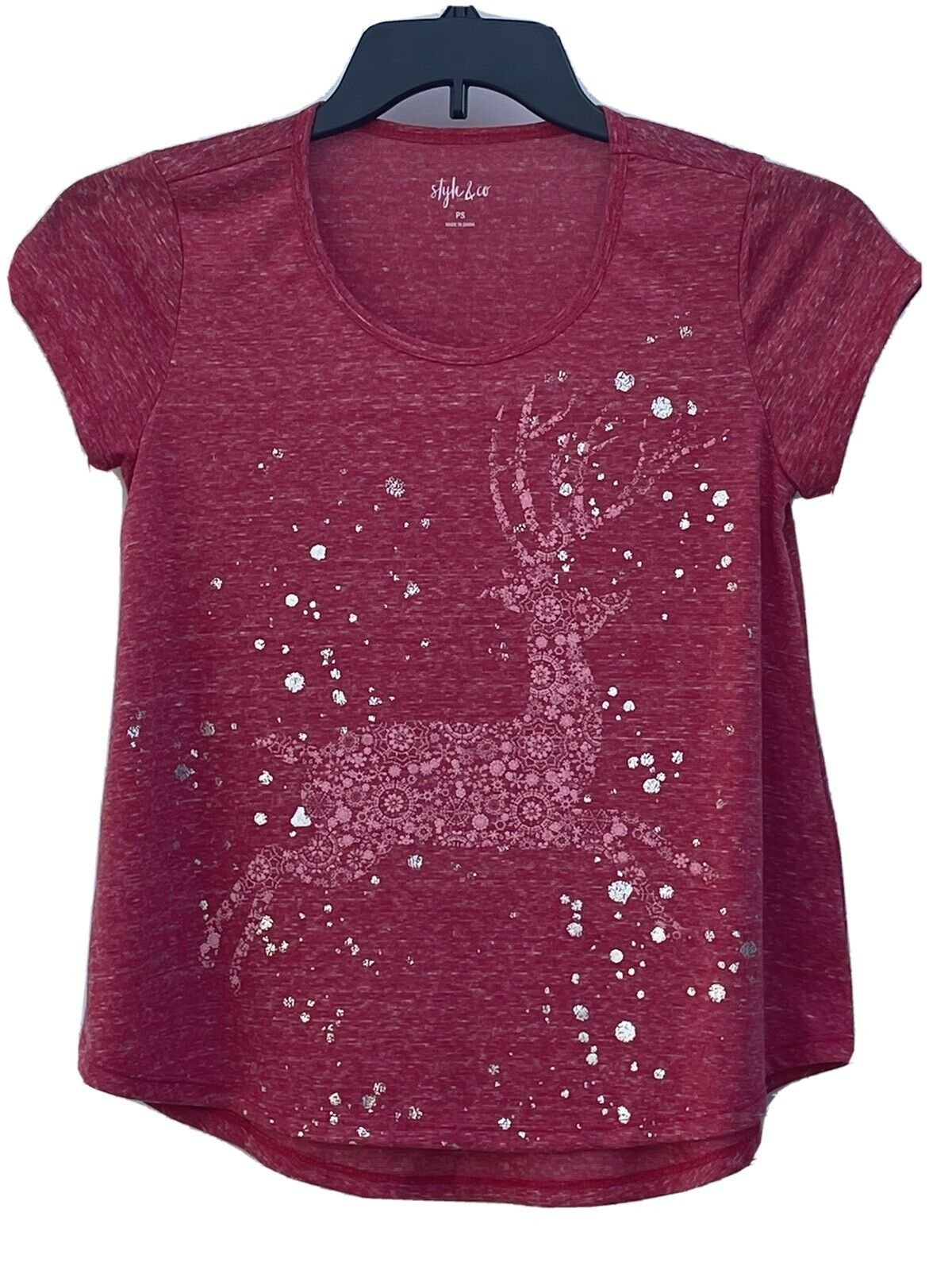 Style & Co Women's Holiday Graphic-Print Scoop Neck Top Pink Size Petite Small