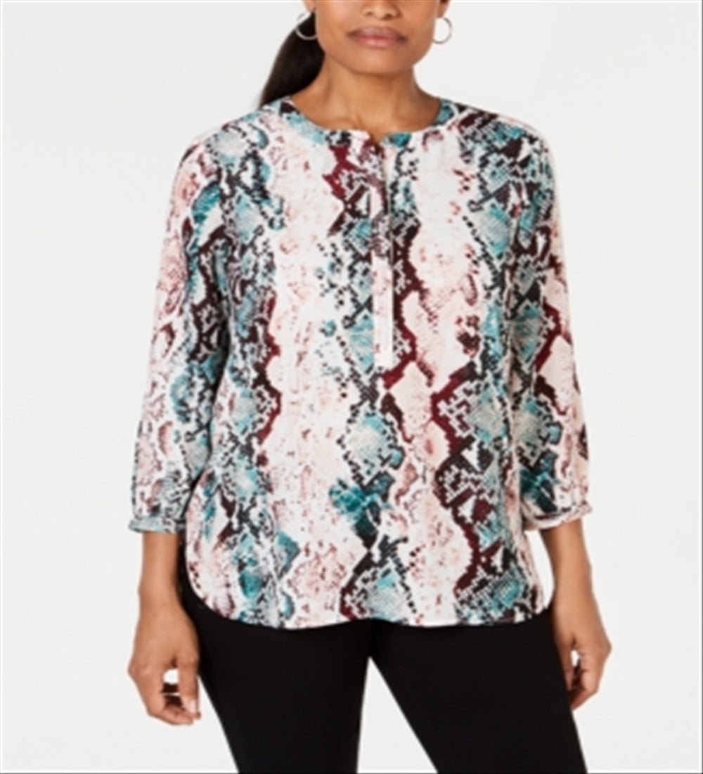 JM Collection Women's Printed 3/4 Sleeve Top White Size Petite S/M