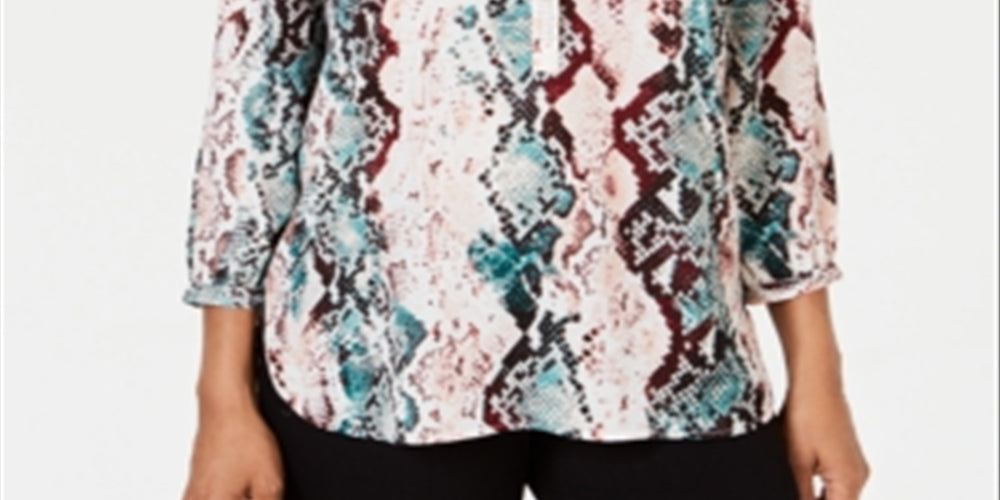 JM Collection Women's Printed 3/4 Sleeve Top White Size Petite S/M