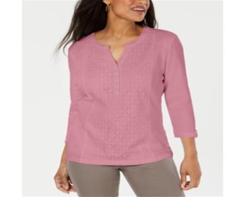 Karen Scott Women's Lace Front Henley Top Pink Size Small