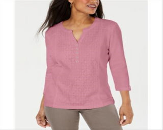 Karen Scott Women's Lace Front Henley Top Pink Size Small