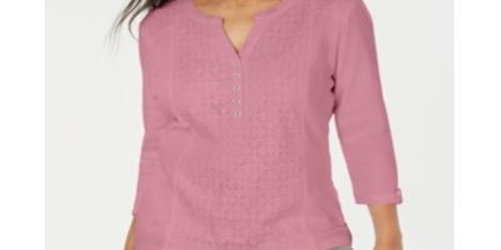 Karen Scott Women's Lace Front Henley Top Pink Size Small