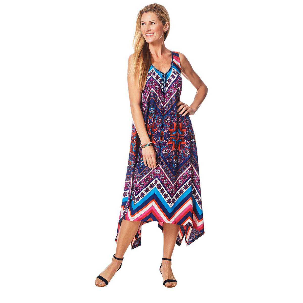 John Paul Richard Women's Printed Knit Dress Navy Combo  Size L