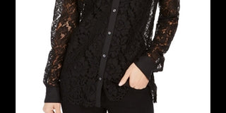 Charter Club Women's Lace Button Down Top Black Size X-Small