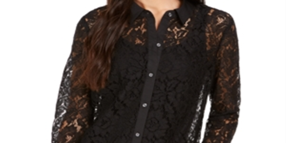 Charter Club Women's Lace Button Down Top Black Size X-Small