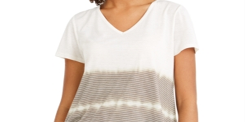 Style & Co Women's Tie Dyed V Neck Linen Blend Top White /Green Size XX-Large