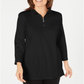 Karen Scott Women's Cotton Half Zip Mock Neck Top Black Size Small