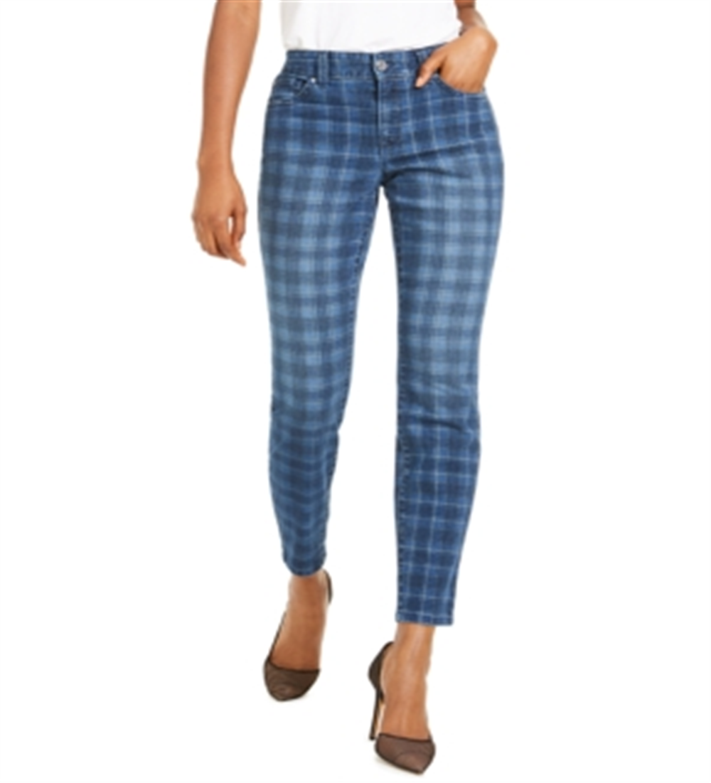 INC International Concepts Women's Washed Plaid Skinny Jeans Blue Size 2 Petite