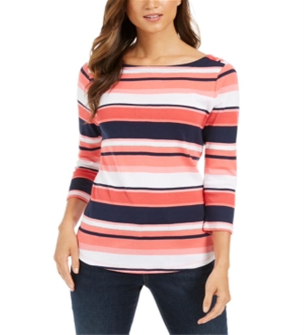 Charter Club Women's Pima Cotton Button Shoulder Stripe Top Red Size Small