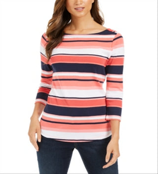 Charter Club Women's Pima Cotton Button Shoulder Stripe Top Red Size Small