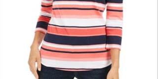 Charter Club Women's Pima Cotton Button Shoulder Stripe Top Red Size Small