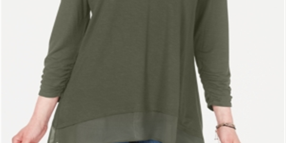 Style & Co Women's V Neck Chiffon Hem Top Green Size X-Small