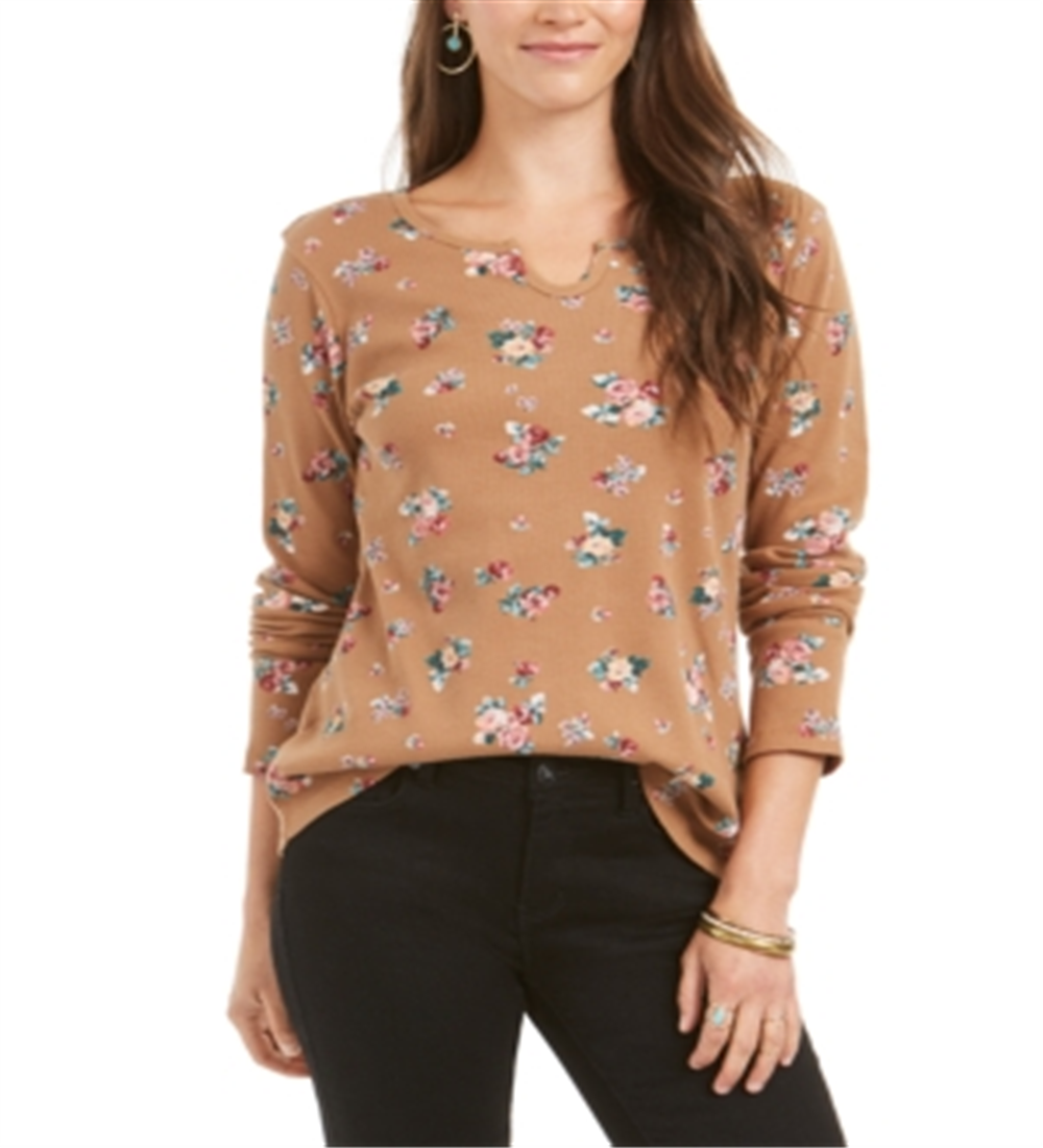 Style & Co Women's Printed Split Neck Cotton Thermal Top Brown  Size Medium