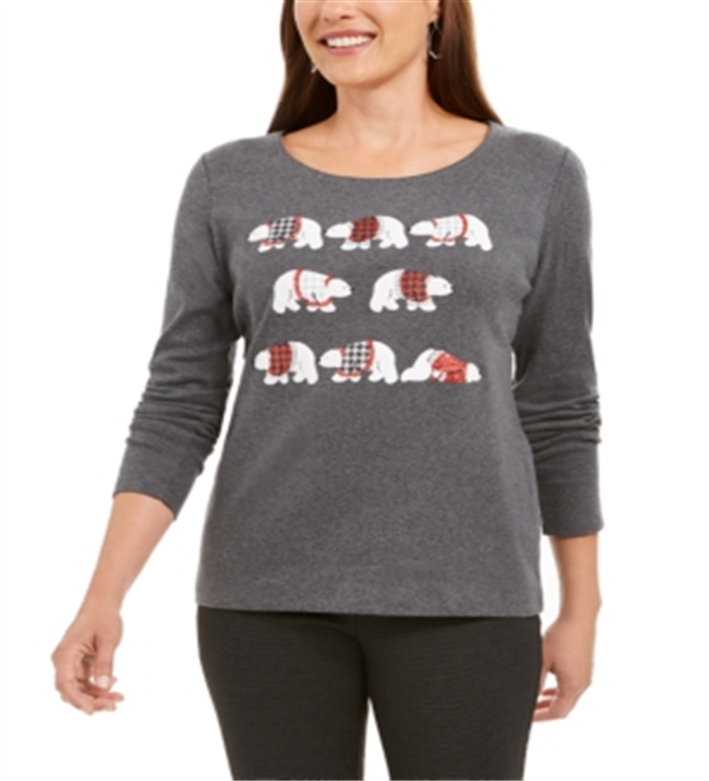 Karen Scott Women's Cotton Polar Parade Graphic Top Gray Size Petite Large
