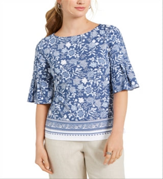Charter Club Women's Printed Knit Ruffle Sleeve Top Blue Size Medium