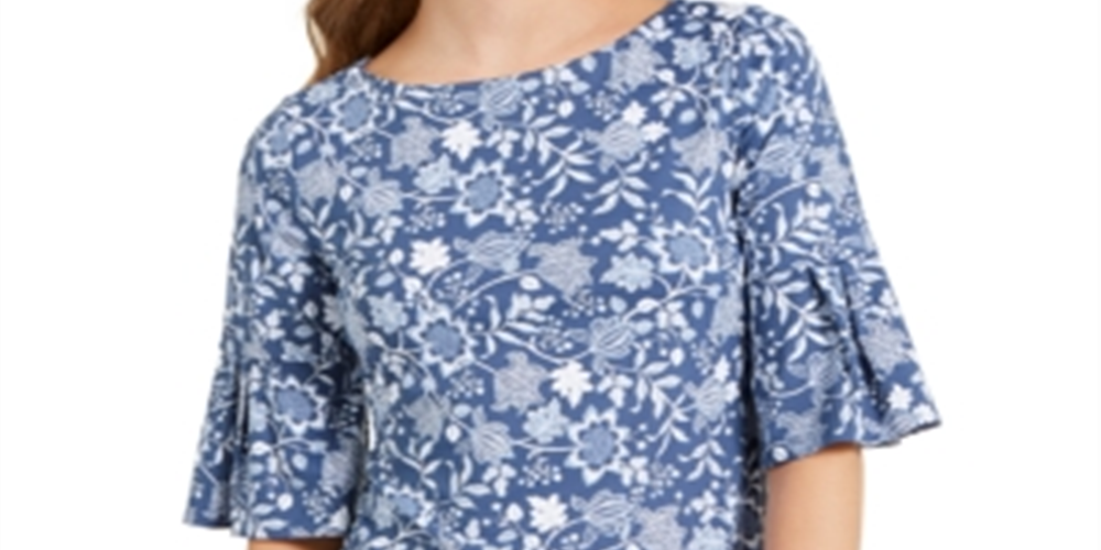 Charter Club Women's Printed Knit Ruffle Sleeve Top Blue Size Medium