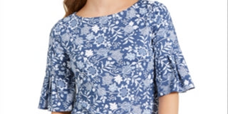 Charter Club Women's Printed Knit Ruffle Sleeve Top Blue Size Medium