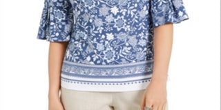 Charter Club Women's Printed Knit Ruffle Sleeve Top Blue Size Medium