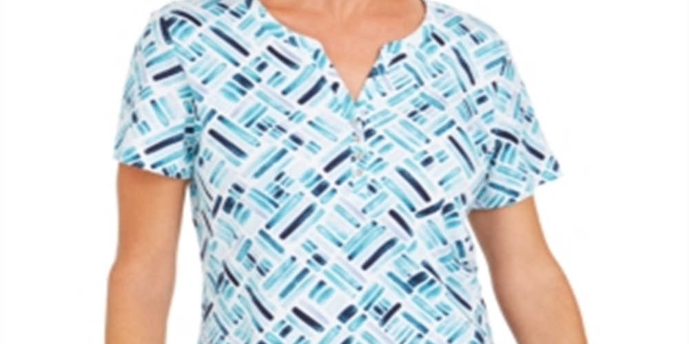 Karen Scott Women's Printed Short Sleeve Henley Top Aqua Size S