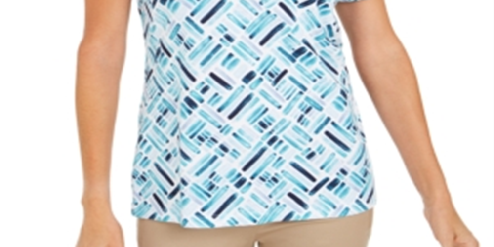 Karen Scott Women's Printed Short Sleeve Henley Top Aqua Size S