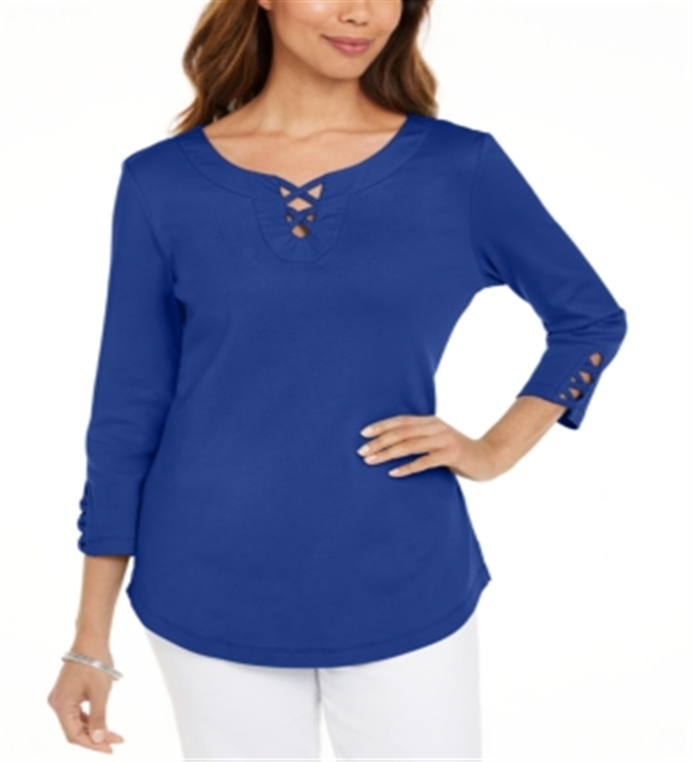 Karen Scott Women's Cotton Lace up T-Shirt Blue Size Small