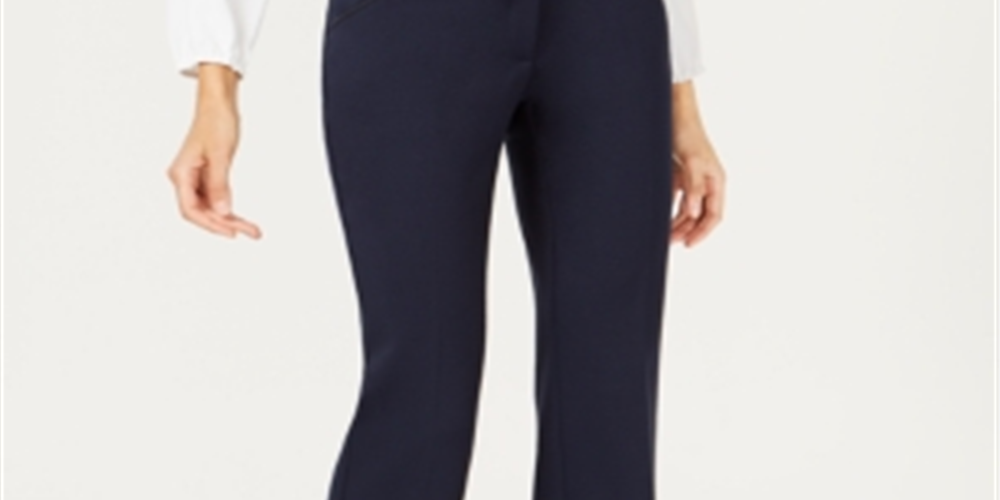 Alfani Women's Faux Leather Trim Wide Leg Trousers Navy Size 26