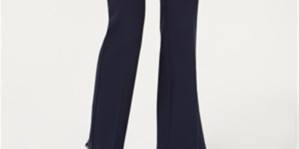 Alfani Women's Faux Leather Trim Wide Leg Trousers Navy Size 26