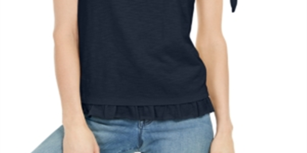 Style & Co Women's Tie Sleeve Ruffled Top Blue Size X-Small