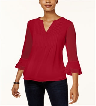 Charter Club Women's Double Ruffle Solid Pintuck Top Red Size Petite Medium