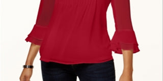 Charter Club Women's Double Ruffle Solid Pintuck Top Red Size Petite Medium