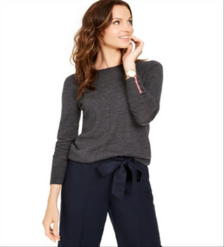 Charter Club Women's Merino Wool Button Cuff Crewneck Sweater Gray Size Large