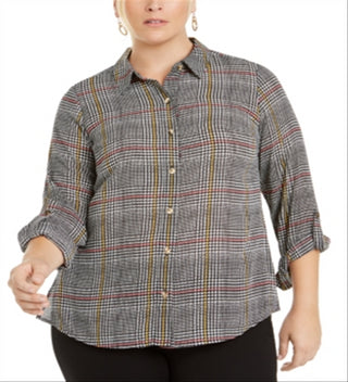 Charter Club Women's Plus Roll Sleeve Plaid Shirt Black  Size 3XL
